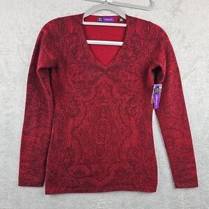 Saks Fifth Avenue 100% Cashmere V Neck Sweater Womens Size XS Red‎ Paisley Soft